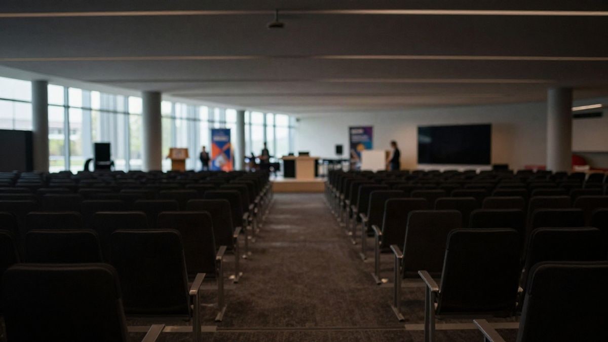 Illustrative image: interior of a congress palace with empty rows of seats and a lectern in the background