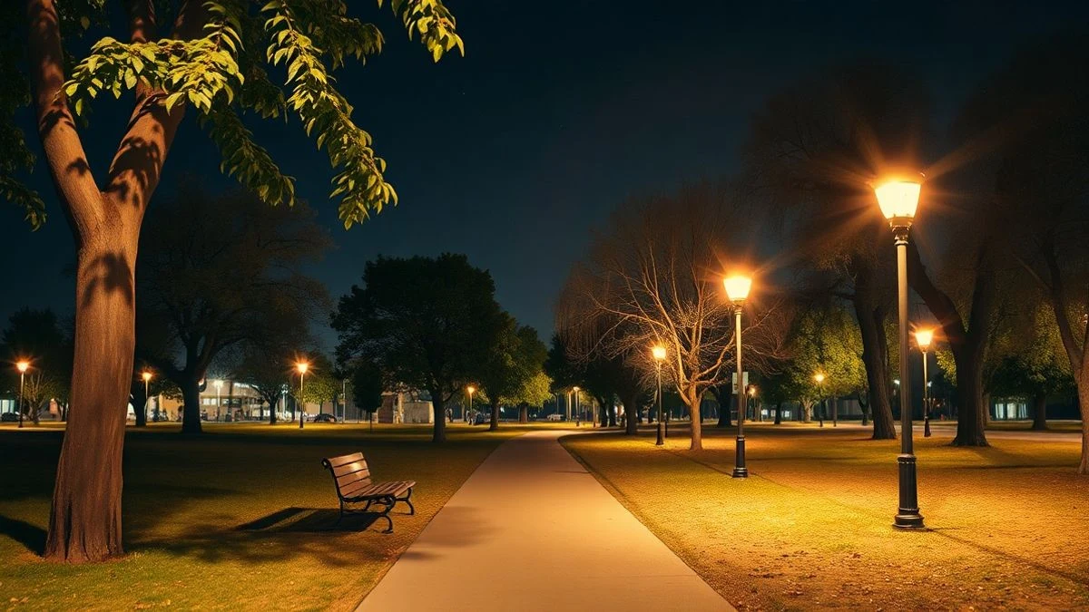 Illustrative image: an urban park at night with LED streetlights on and a lit pathway