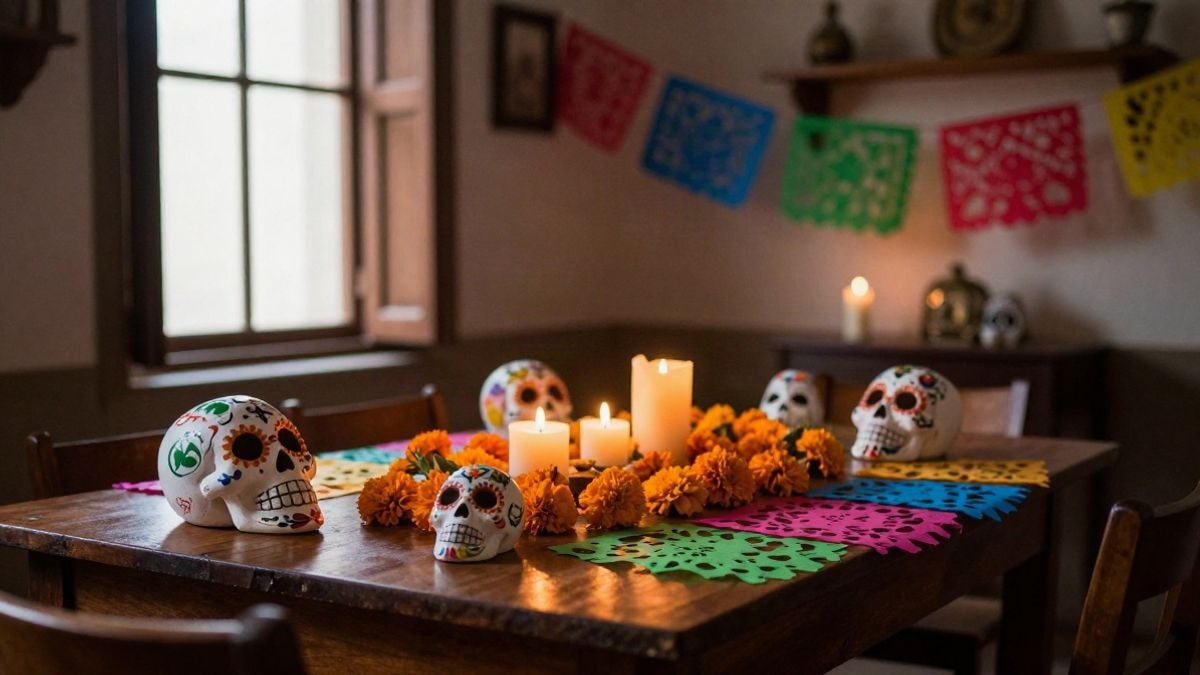 Imagen ilustrativa: mesa de madera con flores de cempasúchil, velas y máscaras de calavera junto a una ventana con luz lateral