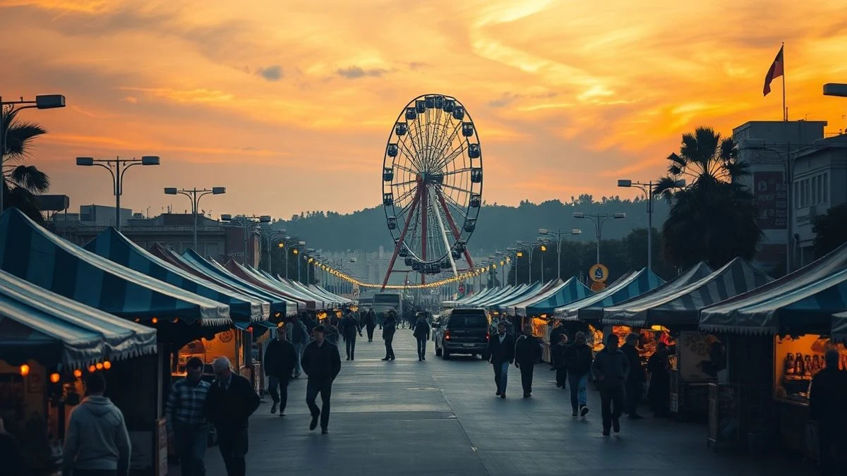 Imagen ilustrativa: un recinto ferial con casetas y puestos iluminados al atardecer, con una noria al fondo.
