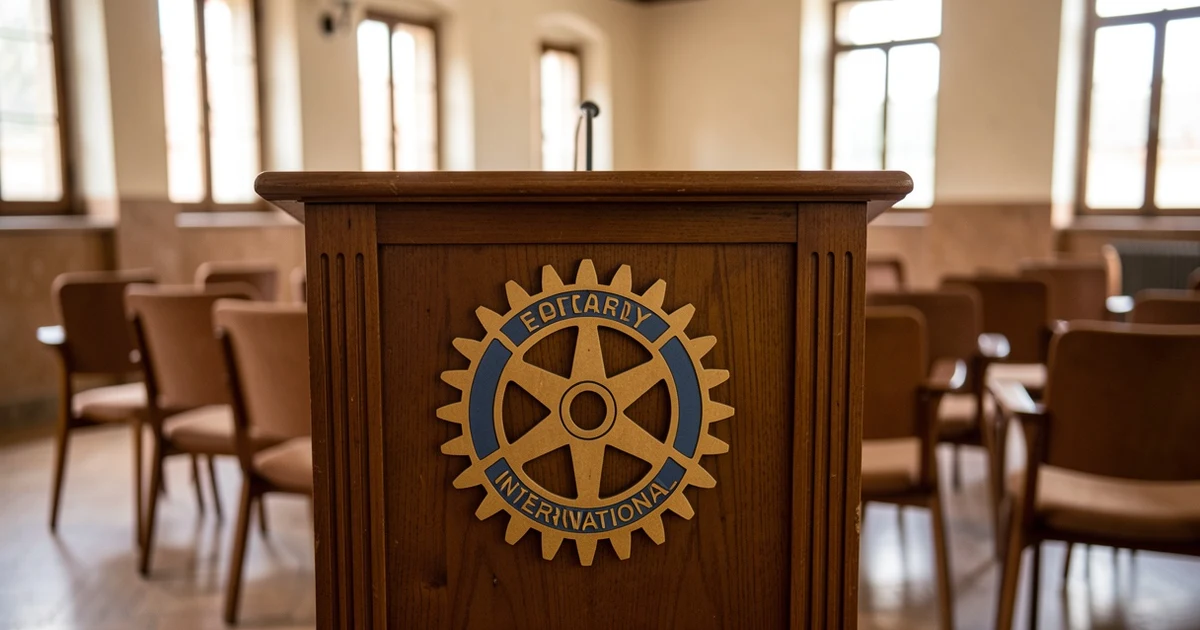 A wooden lectern with a Rotary emblem in an empty event hall