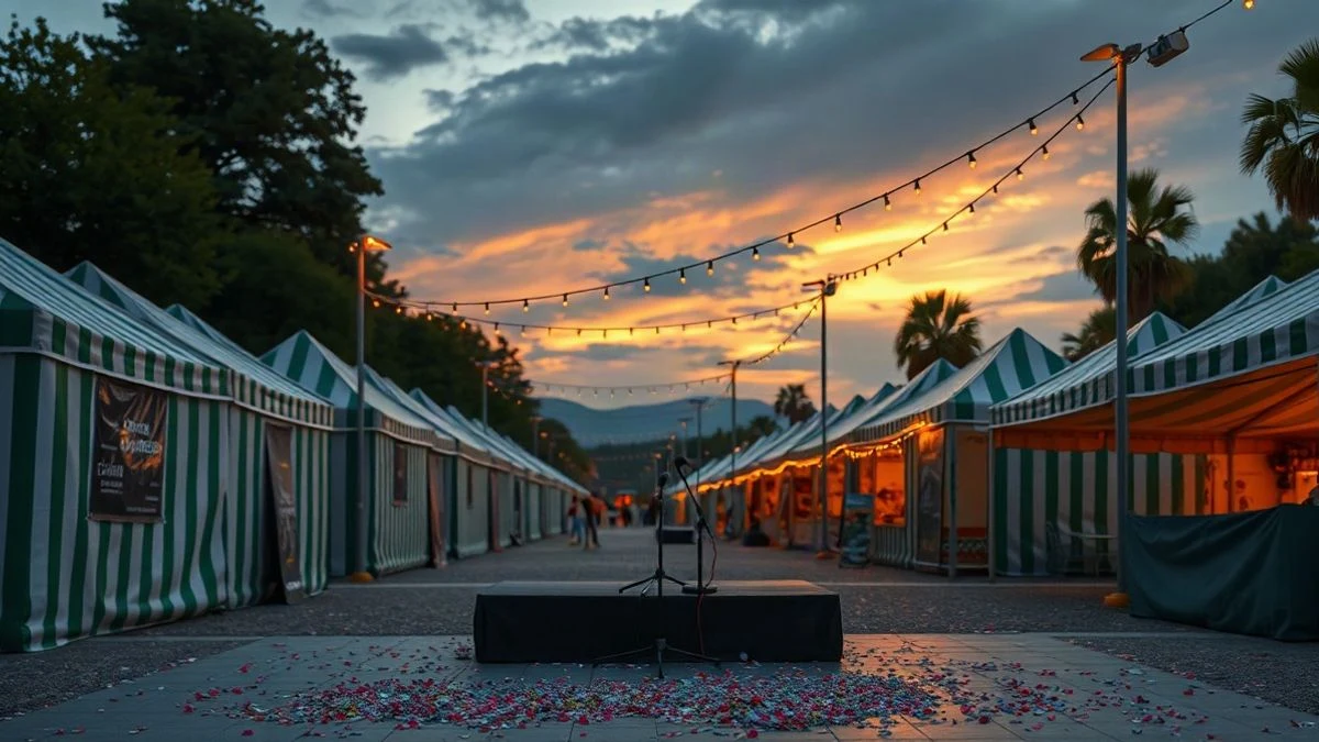 Imagen ilustrativa: casetas de feria iluminadas al atardecer en un paseo, con confeti en el suelo y siluetas de fondo