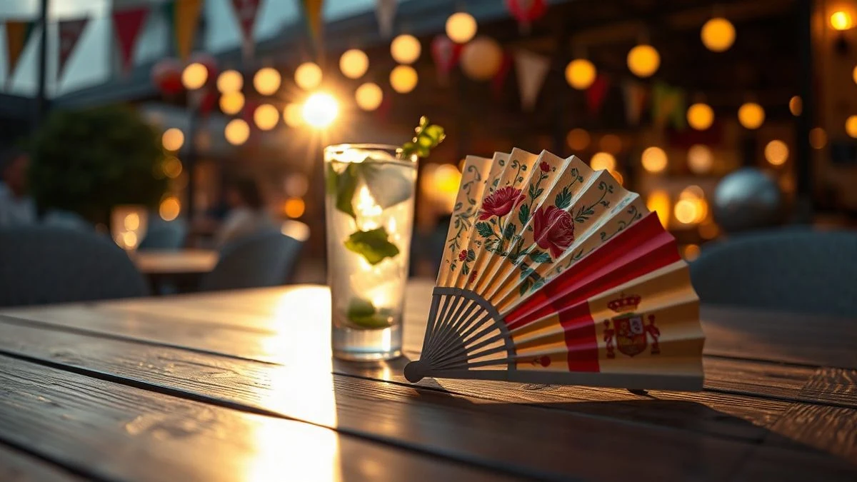 Illustrative image: traditional fan and mojito on a wooden table with fair lights in the background