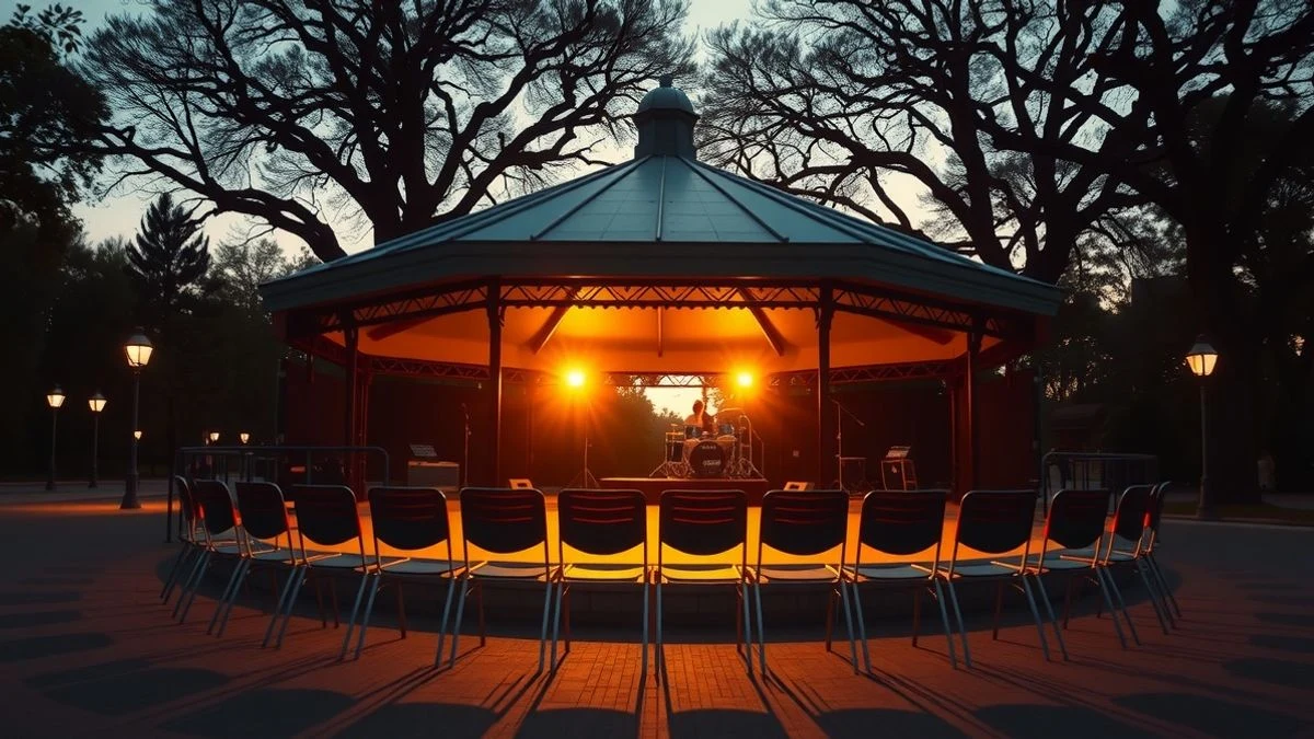 Imagen ilustrativa: un quiosco de música en un parque al atardecer, con sillas vacías dispuestas frente a él