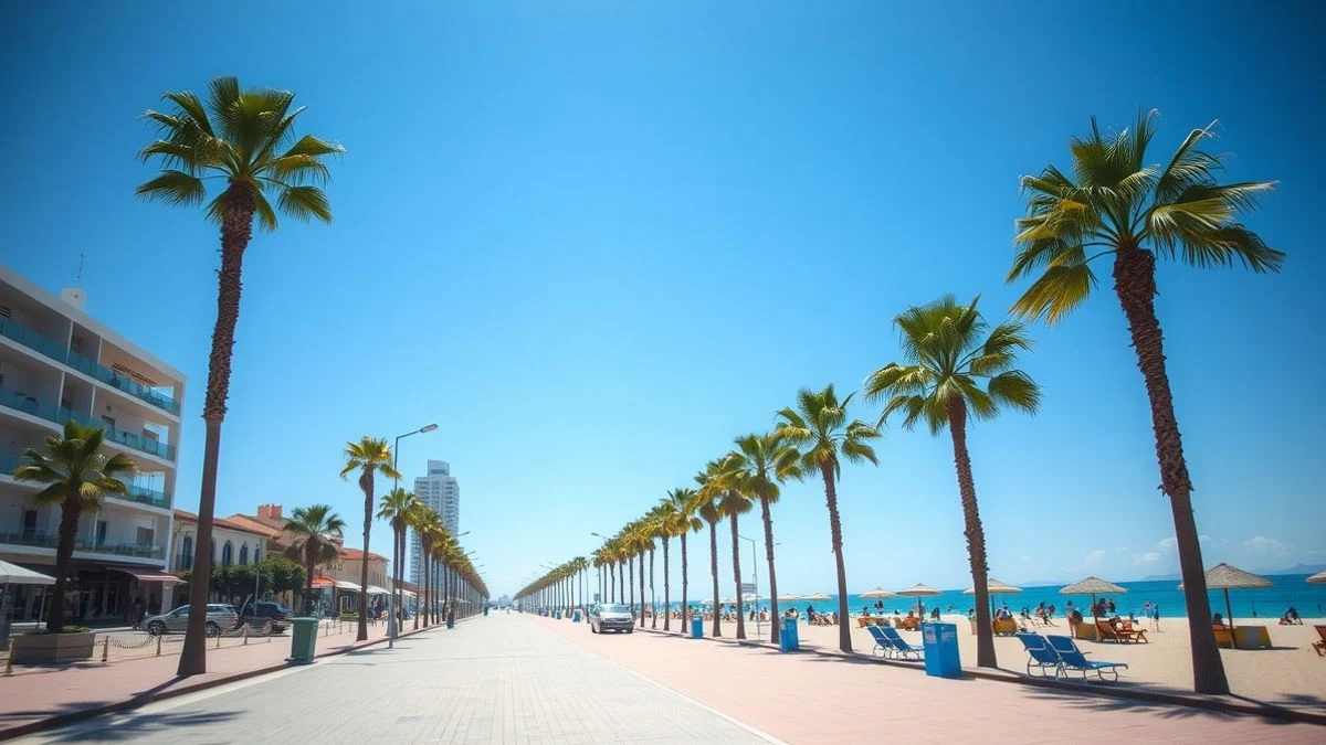 Illustrative image: promenade of a coastal town with palm trees and clear sky at sunset.