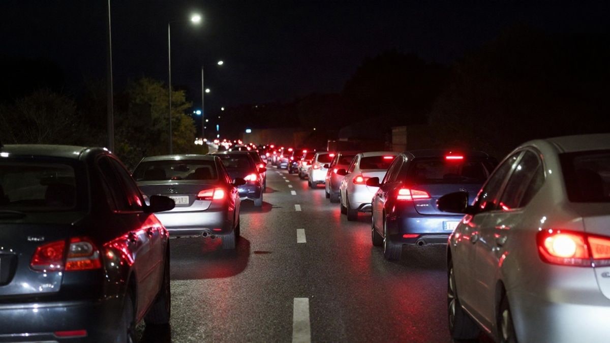 Imagen ilustrativa: retenciones de tráfico nocturno en una autovía con luces de farolas y vehículos en fila