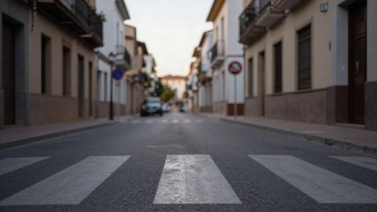 Imagen ilustrativa: calle residencial española con paso de peatones y señal de zona escolar al atardecer