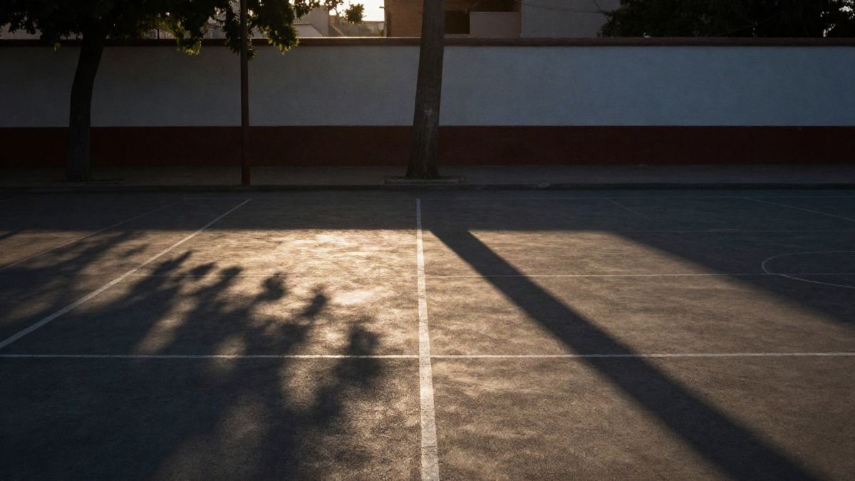 Imagen ilustrativa: patio de un colegio vacío al atardecer con sombras alargadas y una pista deportiva recién pintada.