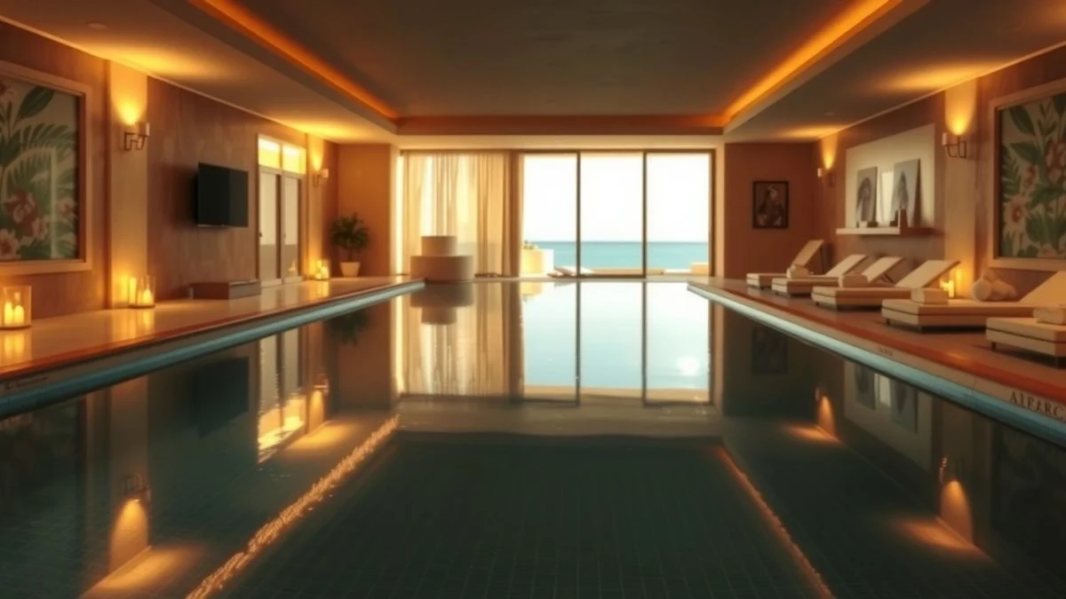 Heated pool of a luxury spa with natural light and sea views through large windows