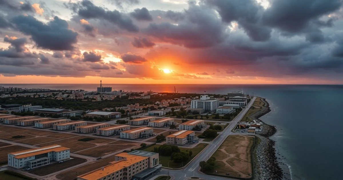 Aerial view of an industrial zone at sunset on the Costa del Sol