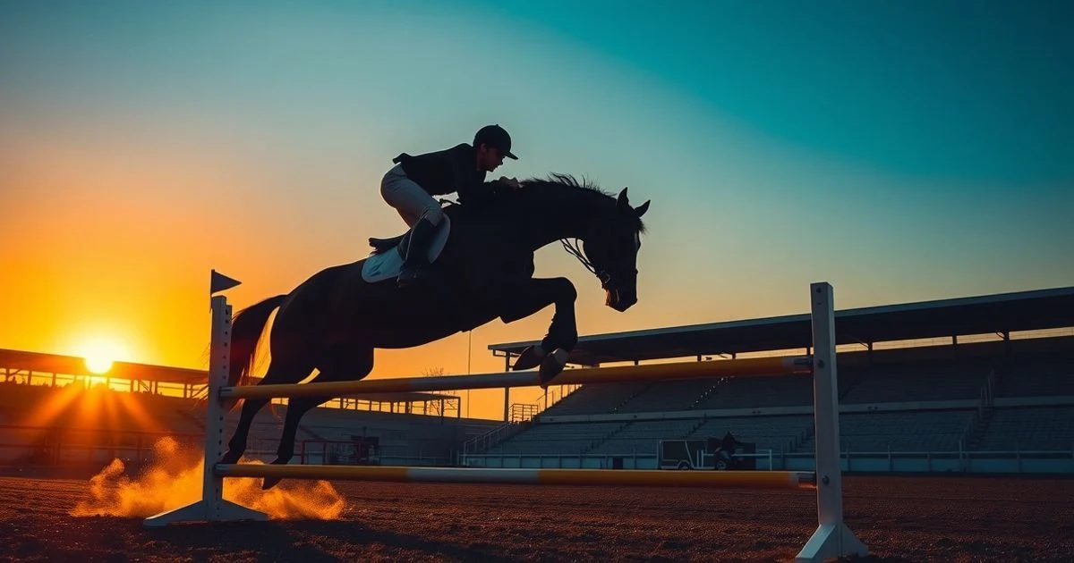Silueta de un poni y jinete saltando un obstáculo al atardecer en un picadero vacío