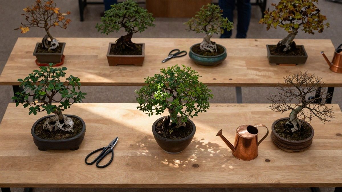 Illustrative image: overhead view of an exhibition table with several potted bonsais and pruning tools