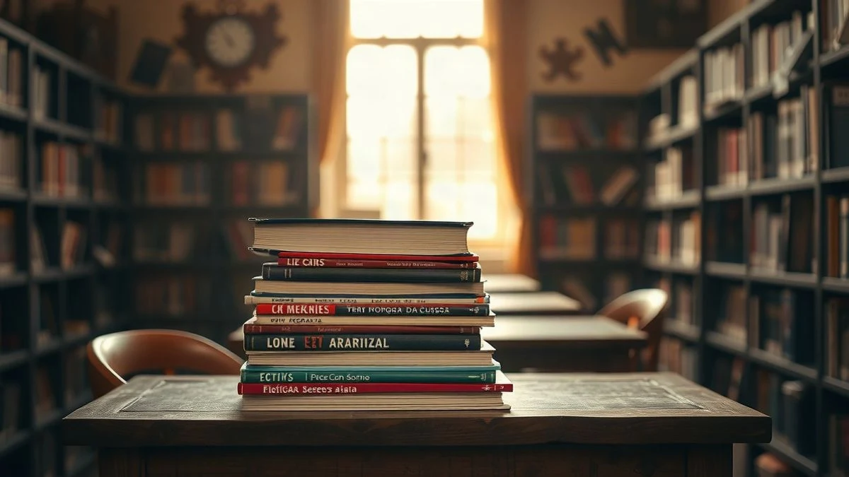 Illustrative image: a stack of varied books on a wooden table in a library with warm light and shelves in the background
