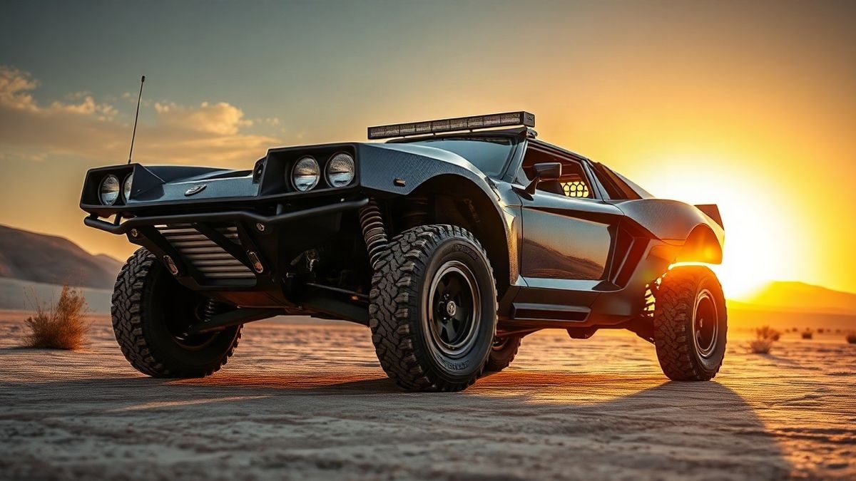 Illustrative image: an angular off-road sports car on a dune at sunset.