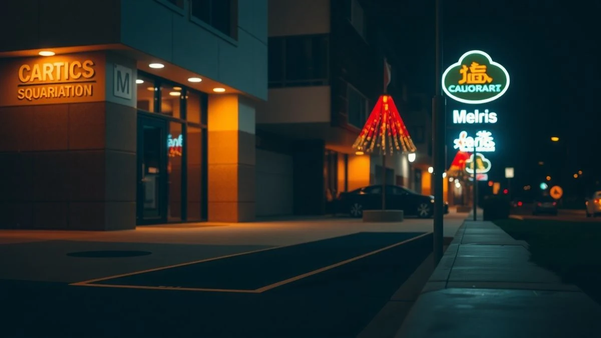 Fachada de un edificio iluminada por farolas y neón tenue, con una rampa accesible en primer plano, en Marbella de noche.