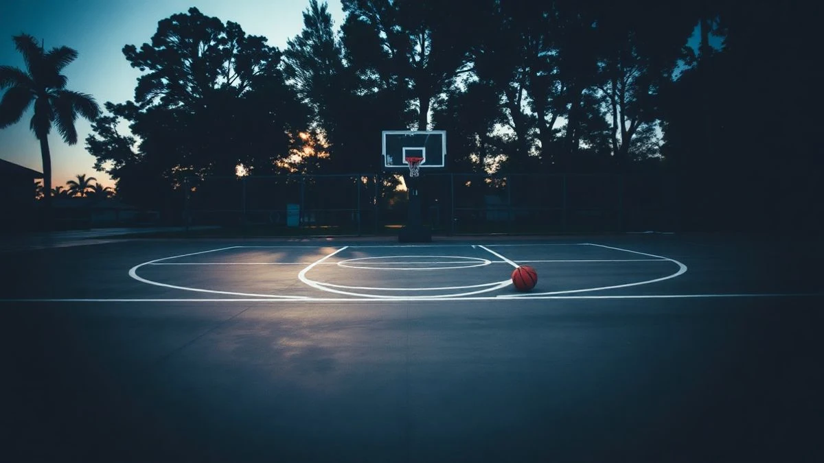 Illustrative image: a 3x3 basketball court at sunset, with the hoop and floor lines visible