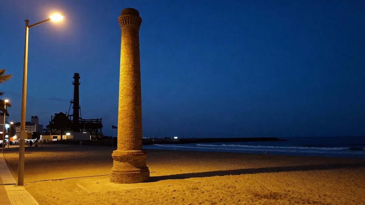 Imagen ilustrativa: una alta chimenea de ladrillo en una playa urbana al anochecer, iluminada por farolas