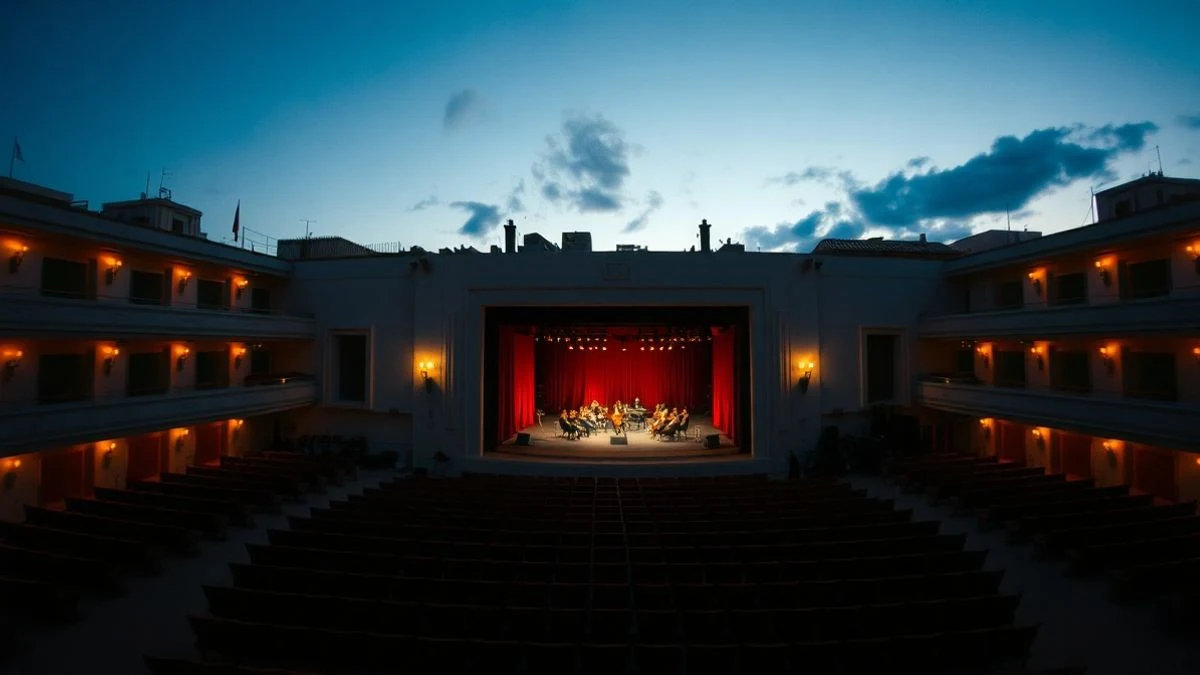 General view of the Starlite Occident Marbella stage at sunset with a female figure in a boho dress from behind