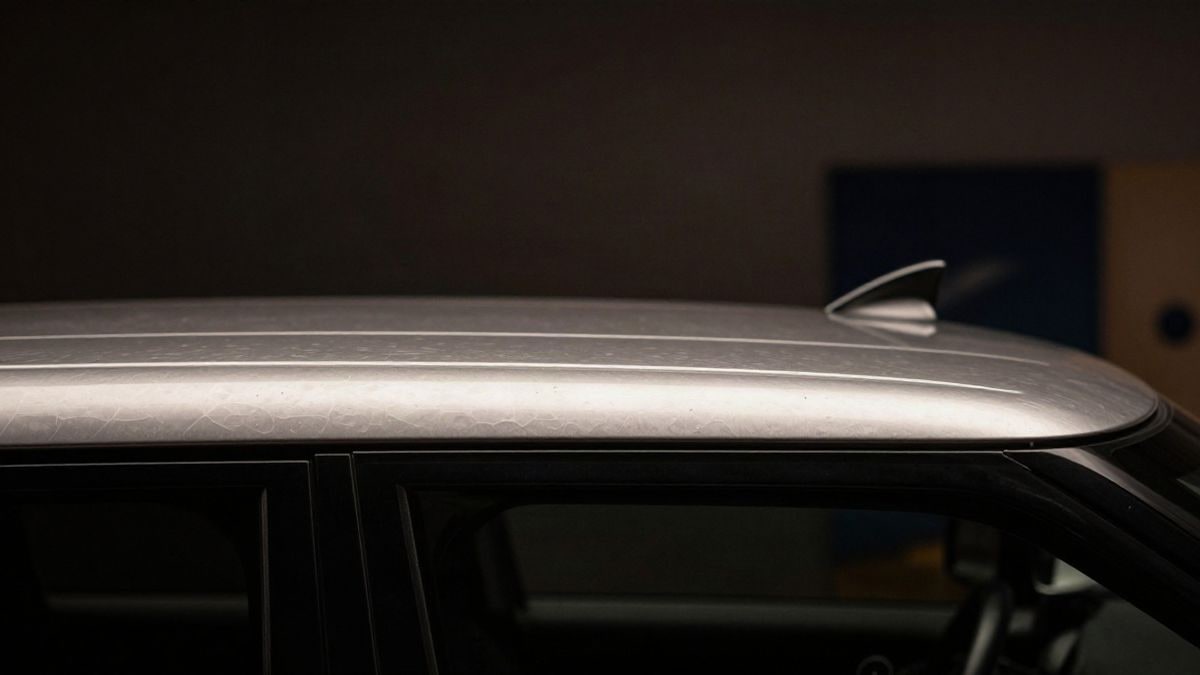 Illustrative image: side detail of the metallic roof of a luxury vehicle in a dimly lit studio