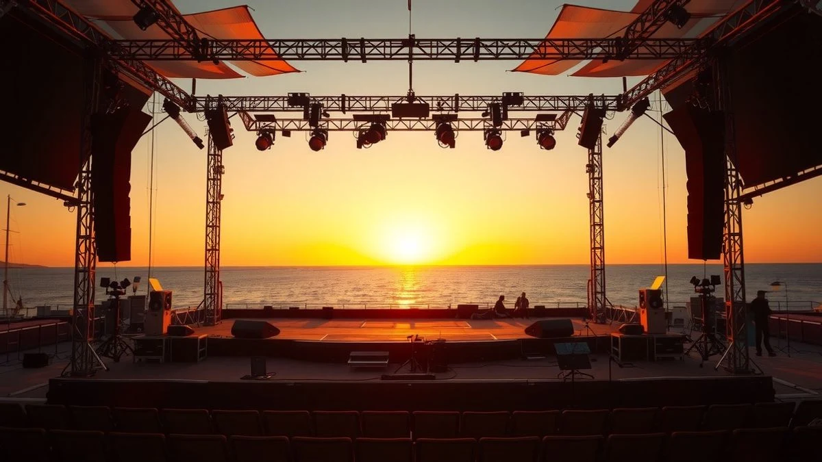 Illustrative image: an outdoor stage by the sea at sunset, with concert lights and the Mediterranean in the background, no people.