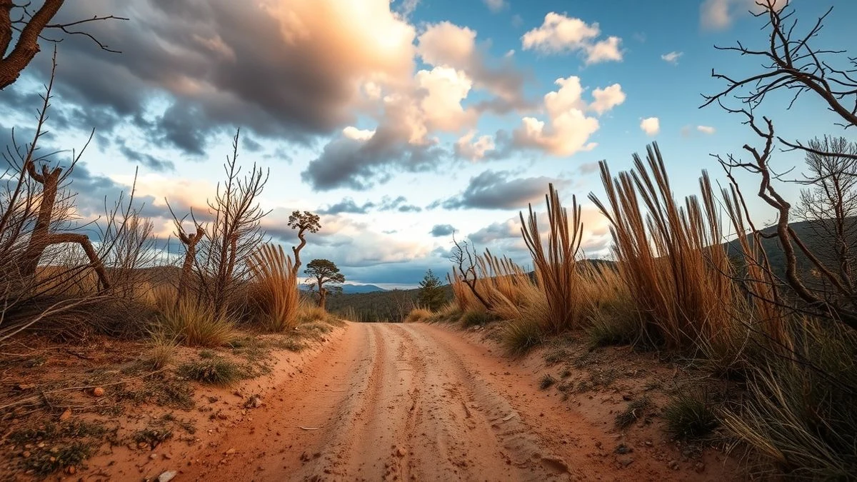 Imagen ilustrativa: un camino forestal seco en una zona montañosa al atardecer, con vegetación reseca y cielo nuboso.