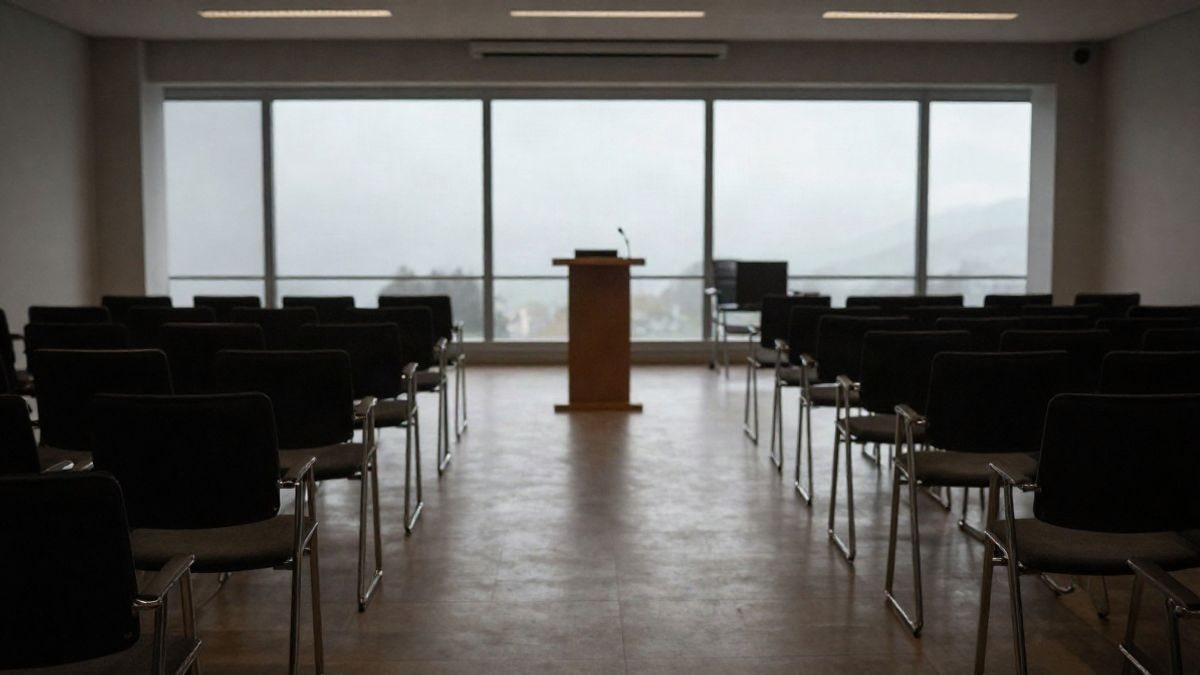 Imagen ilustrativa: sala de conferencias con sillas vacías y un atril con micrófono
