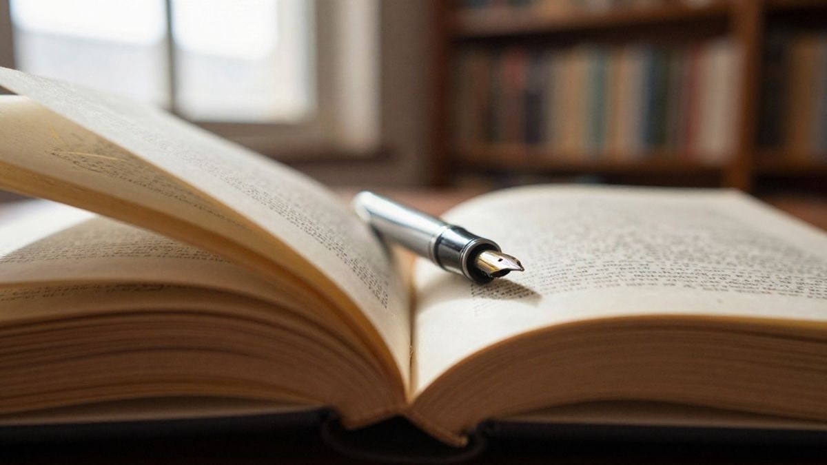 Illustrative image: close-up of an open book with a fountain pen on the pages