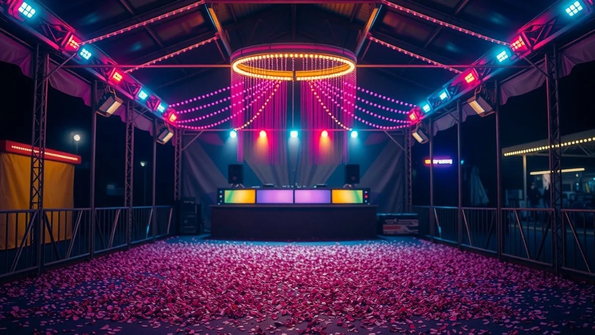 Imagen ilustrativa: caseta de feria vacía iluminada con luces LED de colores y confeti en el suelo, con una cabina de DJ al fondo.