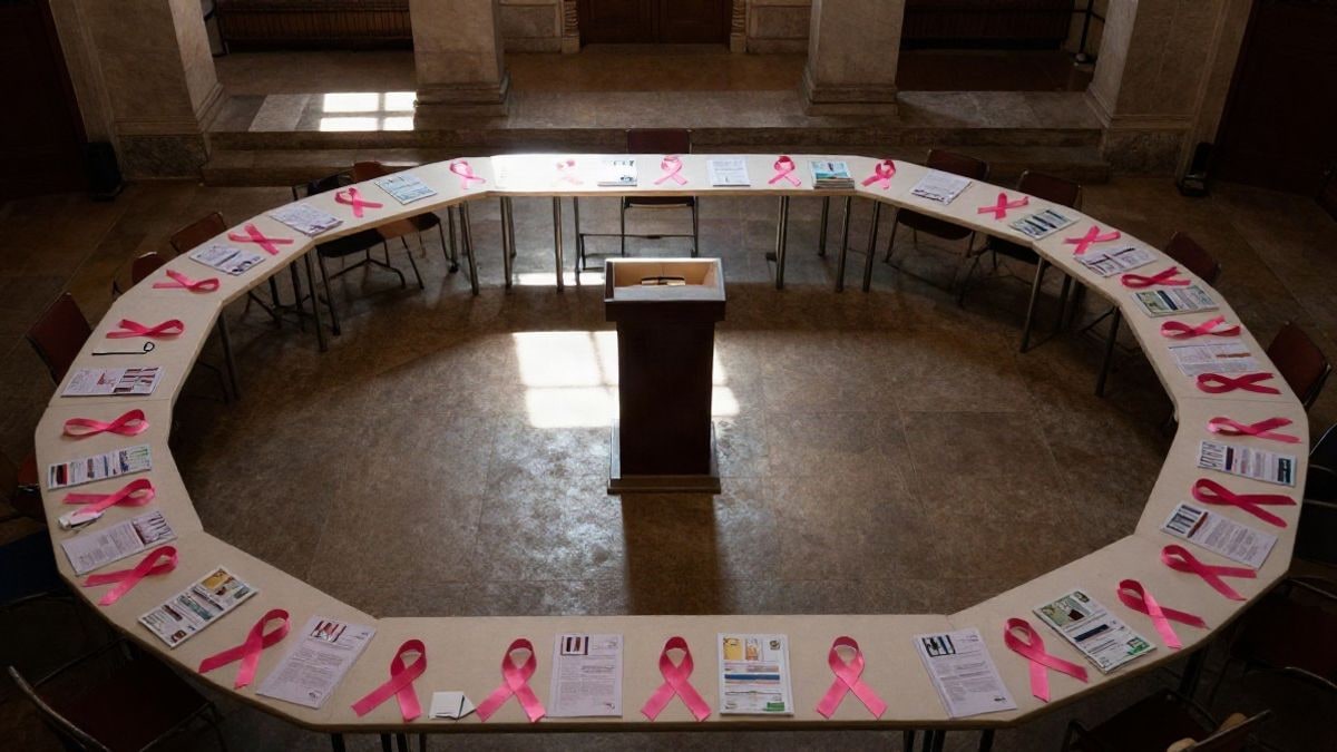 Imagen ilustrativa: vista cenital de un salón con mesas y lazos rosas preparados para un acto solidario