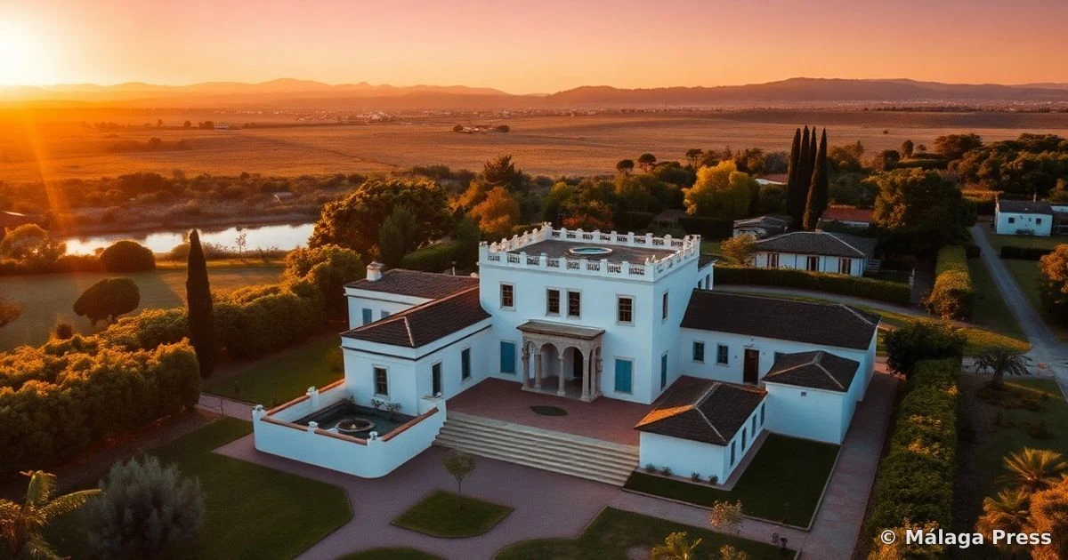 Vista aérea de una finca rural española con edificios blancos y jardines al atardecer