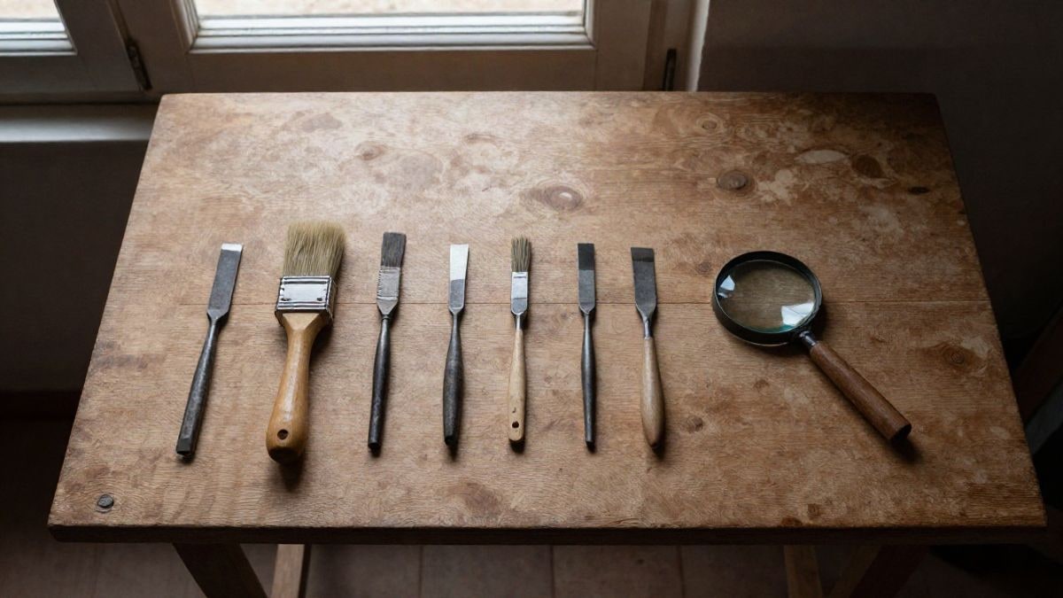 Imagen ilustrativa: vista cenital de una mesa de taller de restauración con herramientas de madera y pinceles