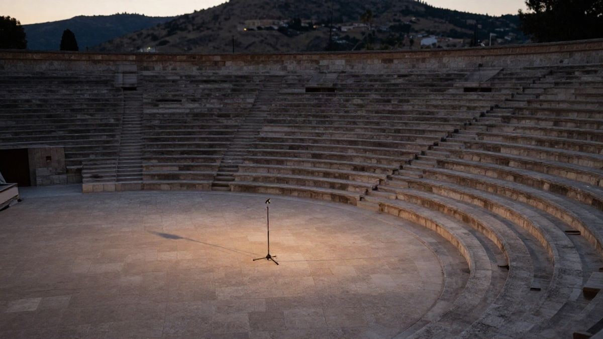 Imagen ilustrativa: anfiteatro al aire libre vacío al atardecer con un micrófono en el escenario
