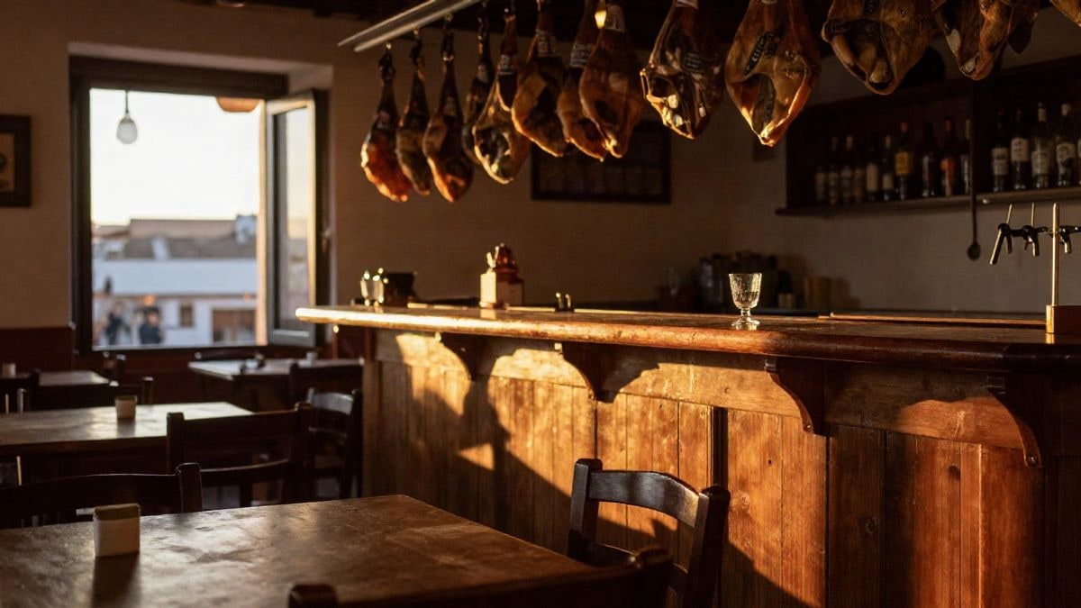 Imagen ilustrativa: interior de una taberna tradicional española al atardecer con mesas vacías y luz cálida entrando por la ventana