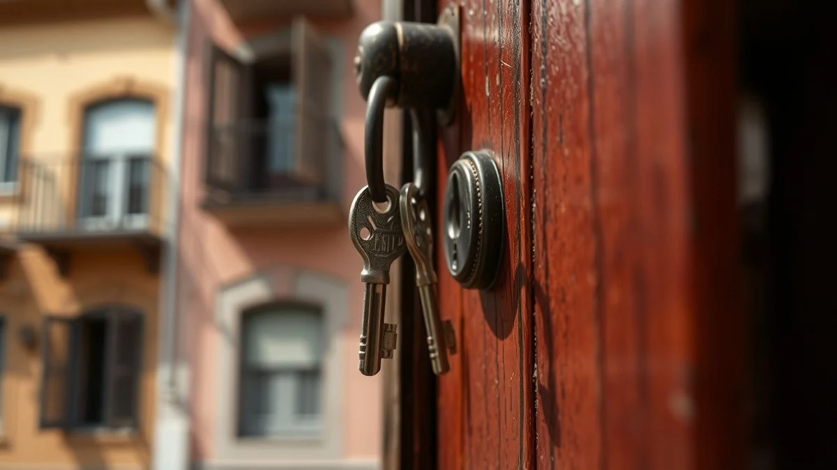 Primer plano de una llave y un candado en una puerta de madera desgastada, con un edificio residencial al fondo desenfocado