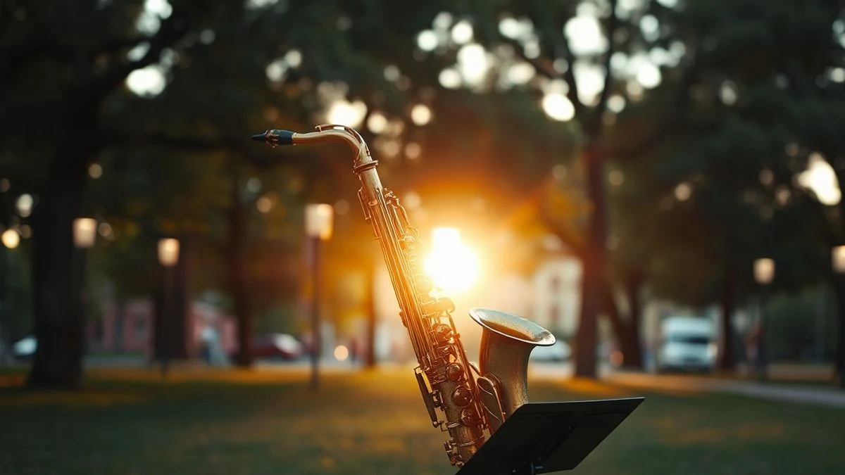 Illustrative image: a saxophone on a stand in a park at sunset, with warm light and long shadows.