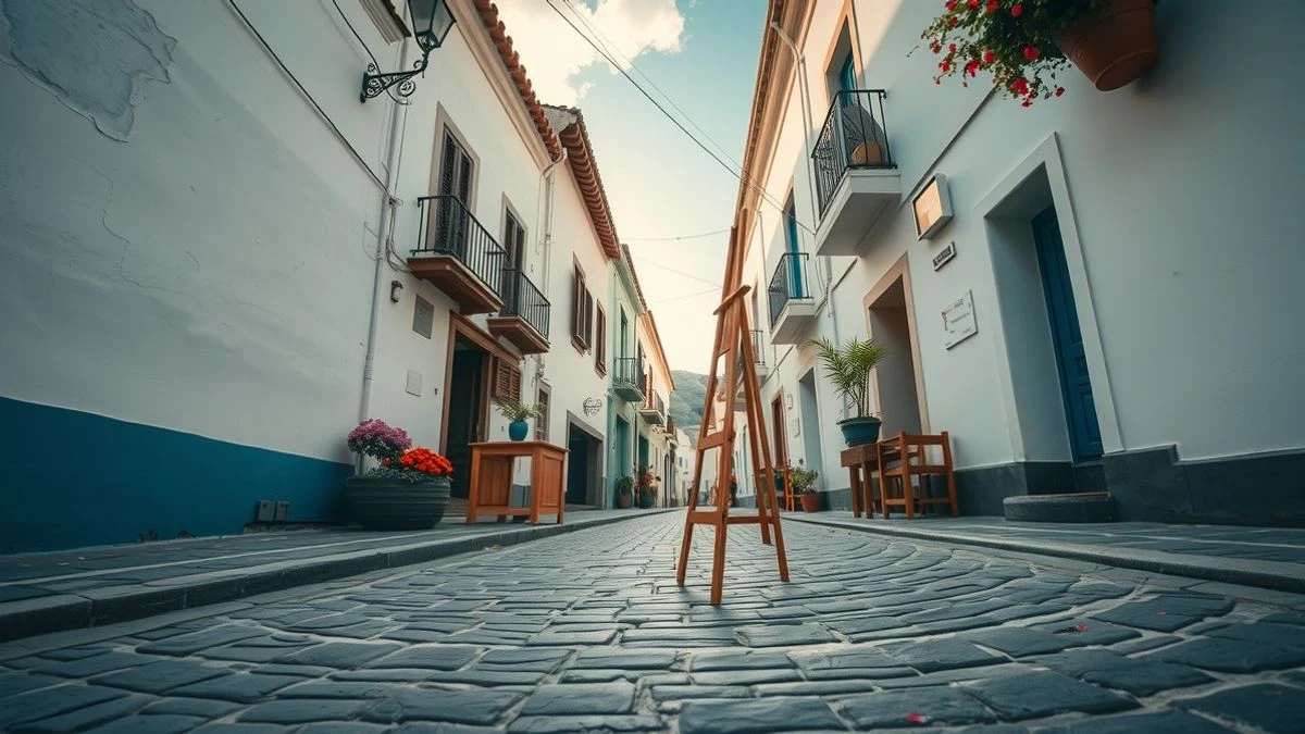Cobblestone street of Torre del Mar with an easel and canvas at sunset