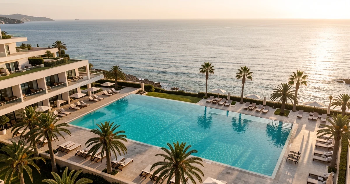 Vista aérea de un hotel de lujo con piscina turquesa junto al mar Mediterráneo al atardecer.