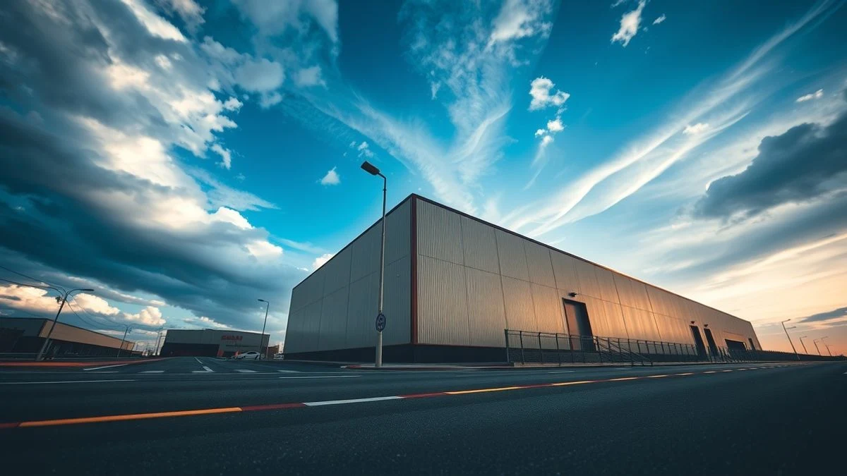 Imagen ilustrativa: un edificio industrial moderno visto desde el suelo con un cielo nublado de fondo y una calle vacía con marcas viales desgastadas.