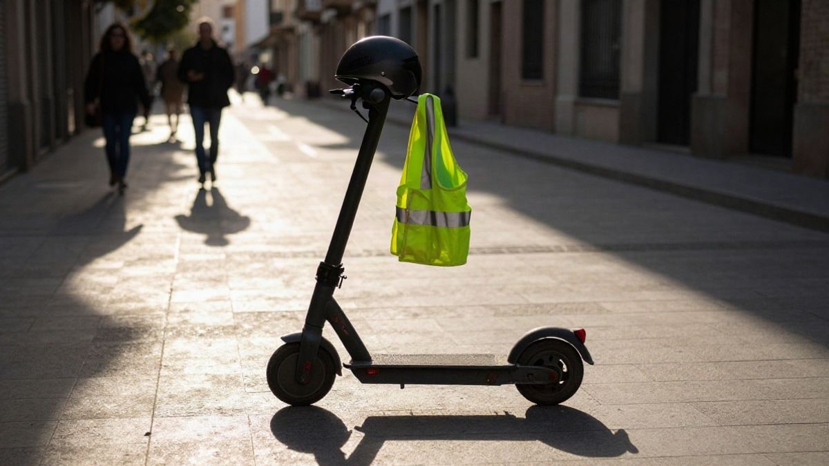 Imagen ilustrativa: patinete eléctrico aparcado en una calle con casco y chaleco reflectante sobre el manillar