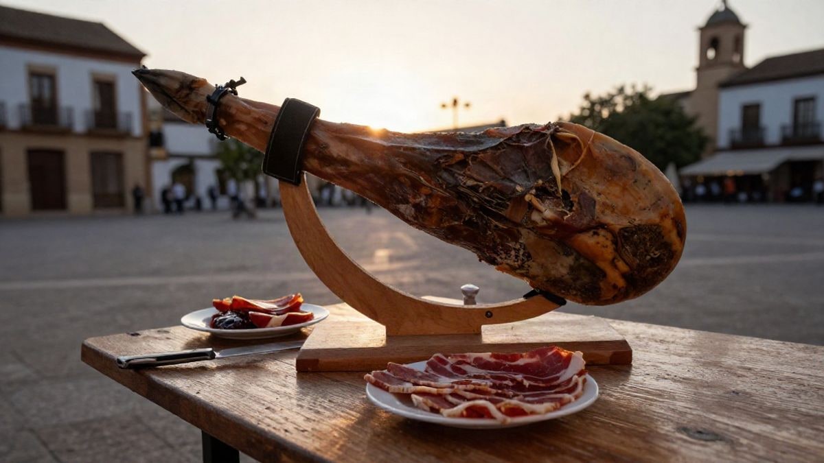 Imagen ilustrativa: una mesa de madera con una pata de jamón, un cuchillo y platos con lonchas, al atardecer en una plaza