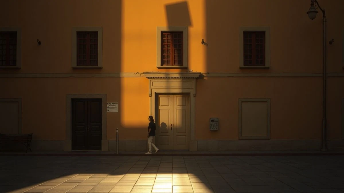 Fachada del Ayuntamiento de Montejaque al atardecer, con contraluz y sombras alargadas en la plaza vacía.