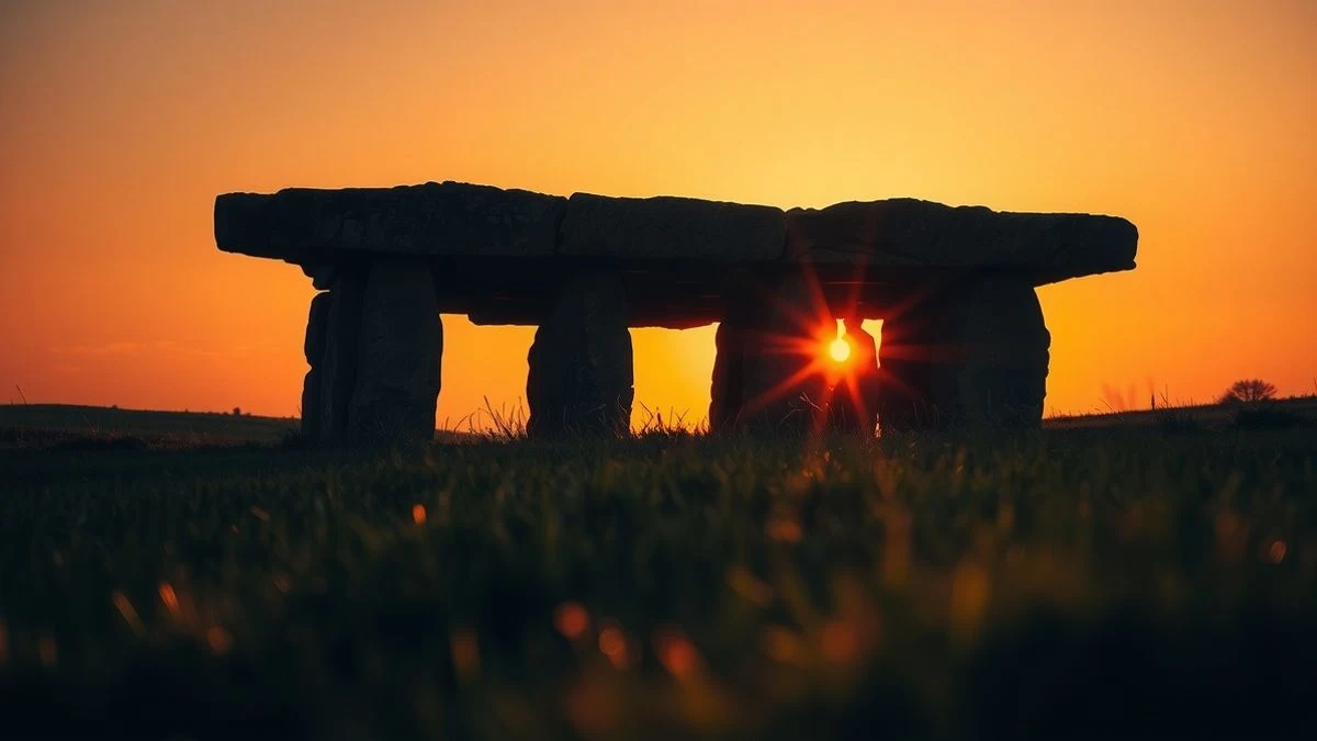 Dolmen of Antequera at sunset with long shadows and an orange sky