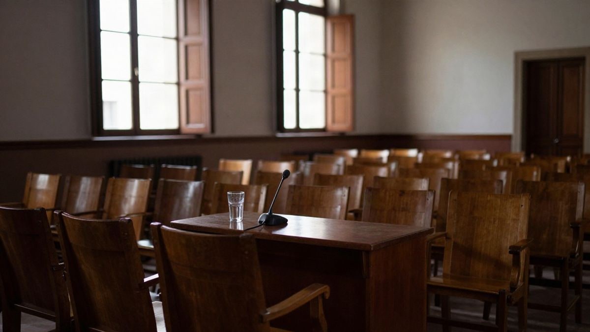 Illustrative image: conference room with empty chairs and a table with a microphone next to a window