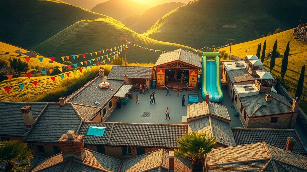 Vista aérea de una plaza de pueblo decorada con guirnaldas y un escenario, con un castillo hinchable acuático al fondo y colinas verdes alrededor