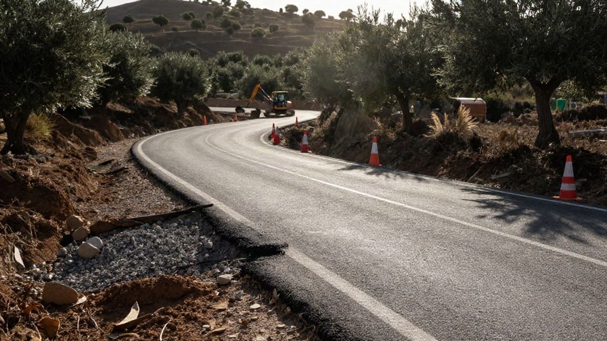 Imagen ilustrativa: carretera rural en obras con tramo de asfalto levantado y conos, al atardecer