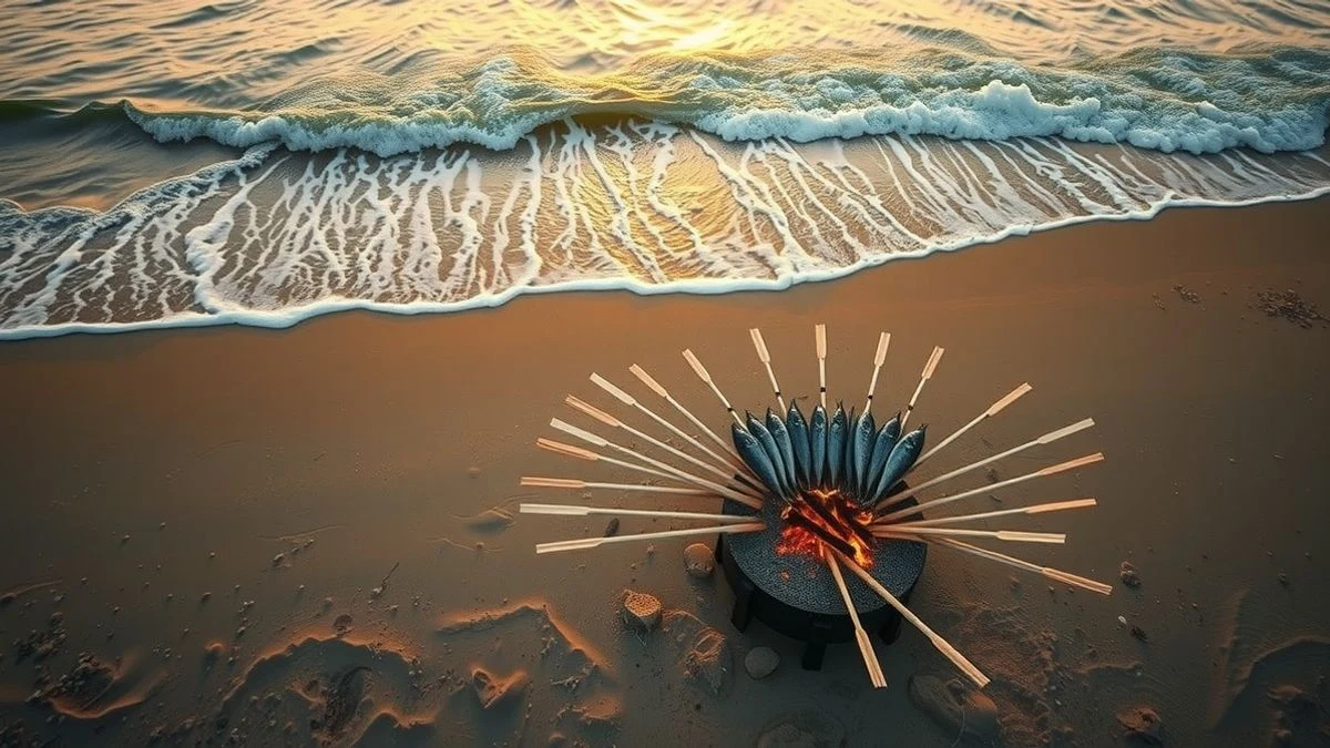 Vista cenital de espetos de sardinas clavados en la arena de una playa al atardecer