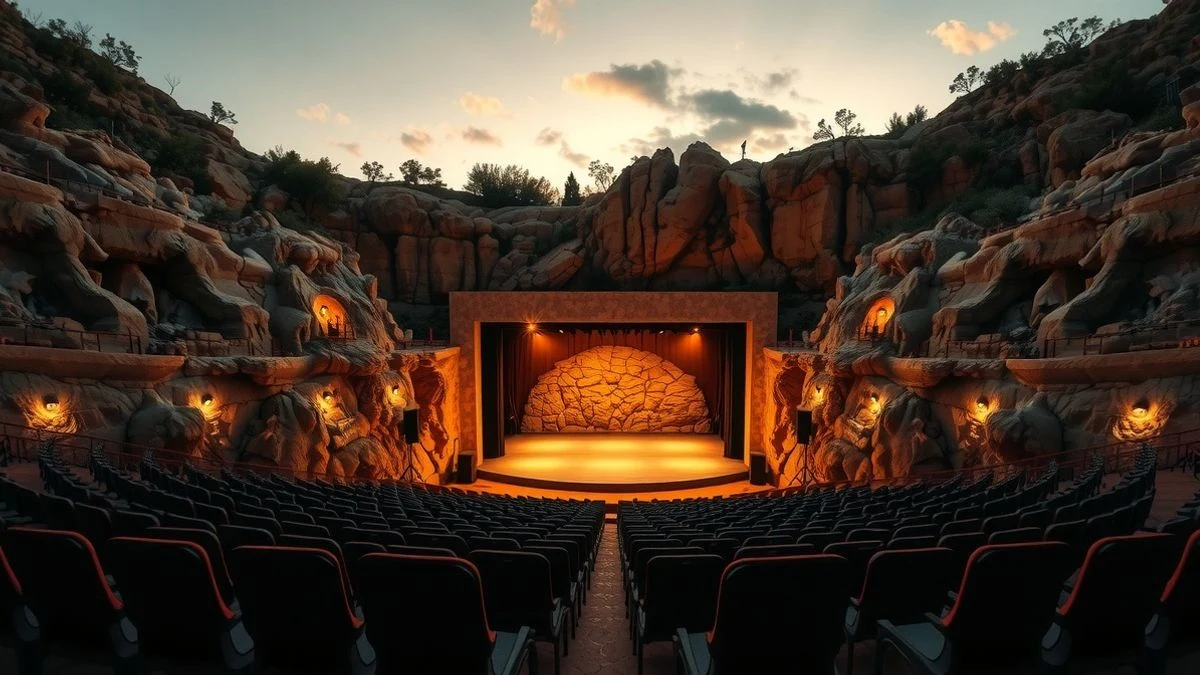 Anfiteatro natural de la Cantera de Nagüeles iluminado al atardecer, con el escenario vacío y sillas en primer plano