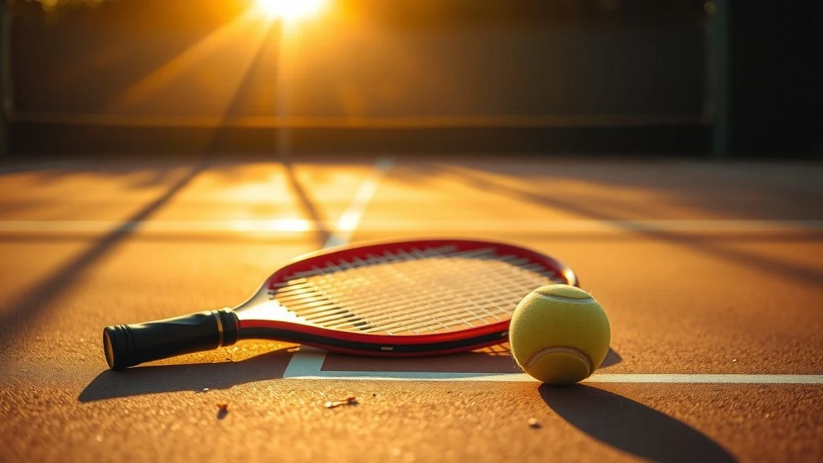 Imagen ilustrativa: una pala y una pelota de pádel sobre una pista al atardecer, con la red de fondo y luz dorada.
