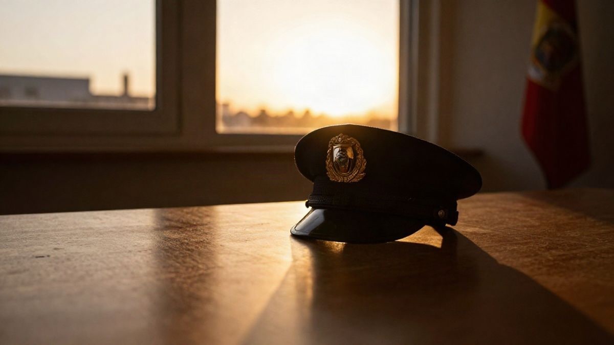 Imagen ilustrativa: gorra de policía sobre una mesa de madera a contraluz con sombras alargadas al atardecer