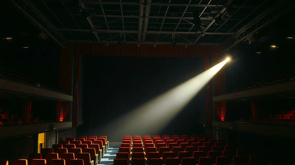 Interior of an empty theatre with red seats and stage lit by side light